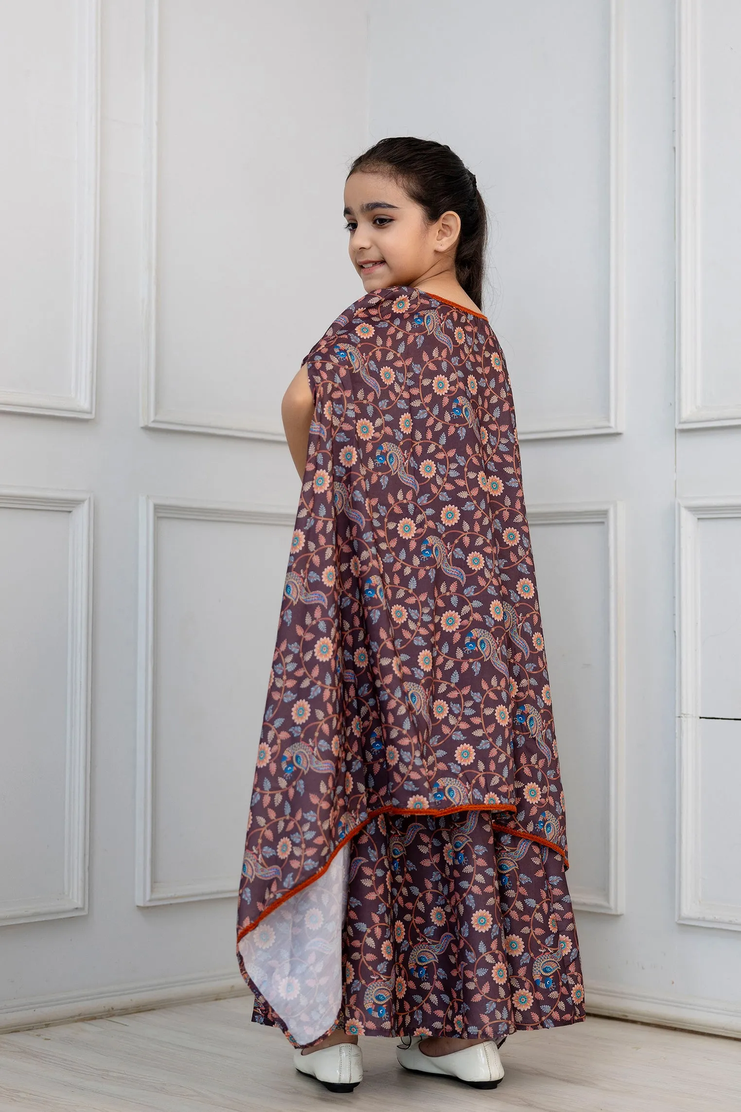 Girls Peacock Print Top and Skirt With Shrug in Brown