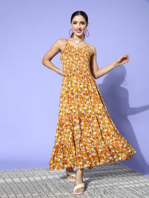 Ishin Women's Mustard Floral Smocked Dress
