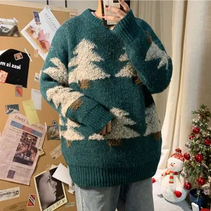 Jinquedai Black Red Green Men's Christmas Sweater Couple Warm Vintage Retro Sweaters Korean Streetwear Fashion Autumn Winter