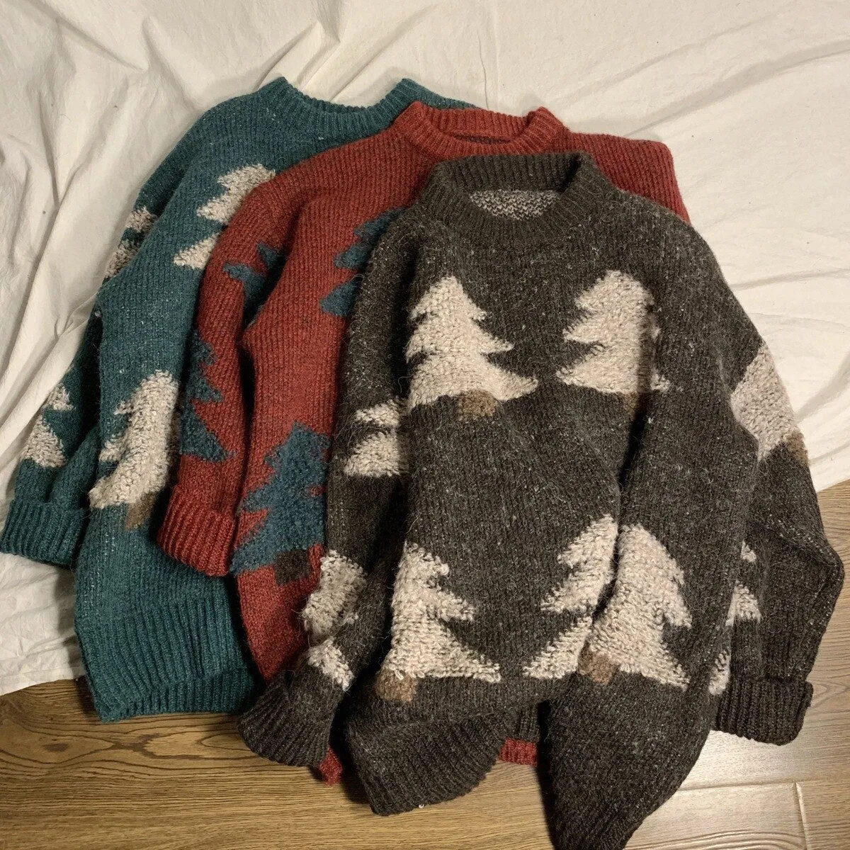 Jinquedai Black Red Green Men's Christmas Sweater Couple Warm Vintage Retro Sweaters Korean Streetwear Fashion Autumn Winter