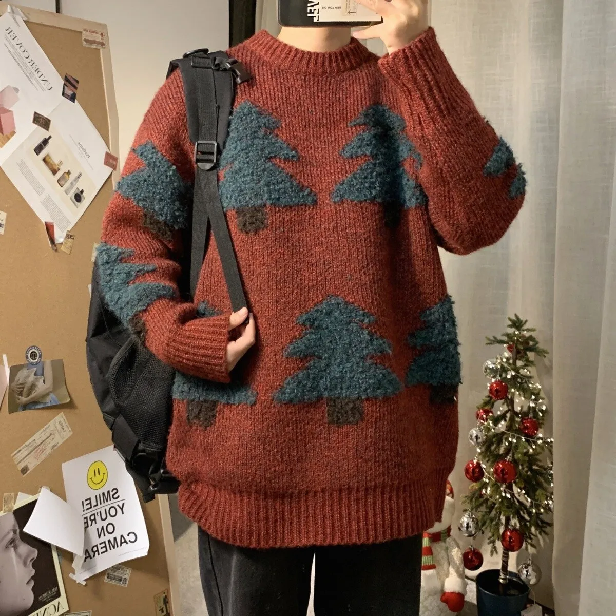 Jinquedai Black Red Green Men's Christmas Sweater Couple Warm Vintage Retro Sweaters Korean Streetwear Fashion Autumn Winter