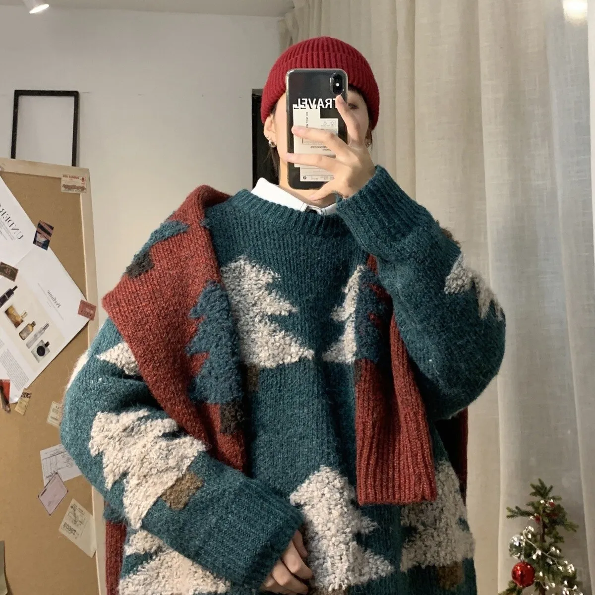 Jinquedai Black Red Green Men's Christmas Sweater Couple Warm Vintage Retro Sweaters Korean Streetwear Fashion Autumn Winter