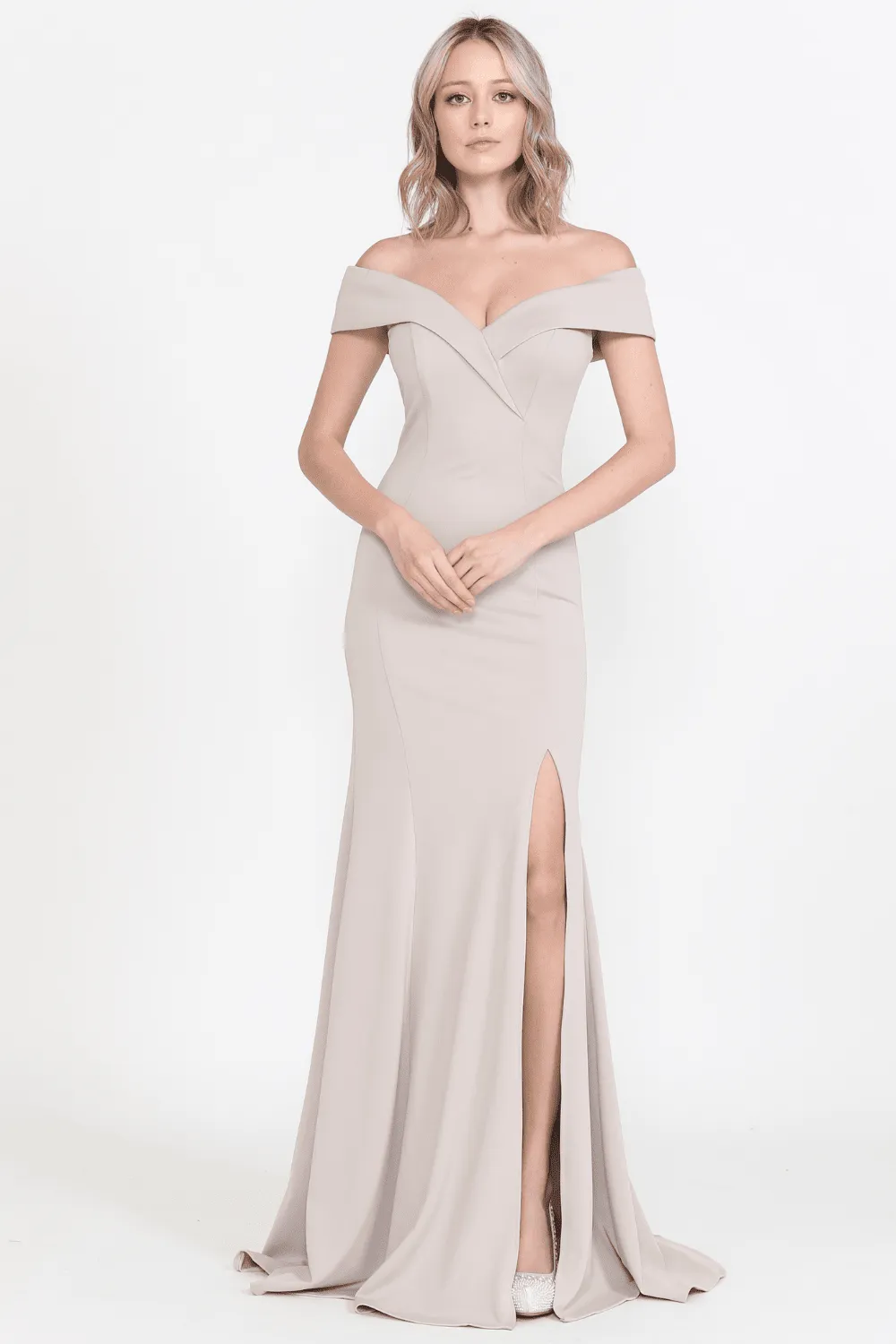 Long Off Shoulder Dress with Front Slit by Poly USA 8258