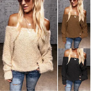 New Style Winter European Women's Hot Selling Off-Shoulder Plush Sweater