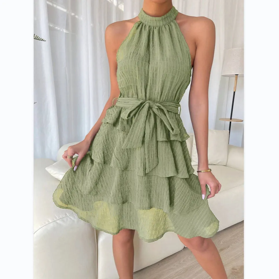 Sleeveless Halterneck Trendy Tie-Waist Ruffle Dress Wholesale Dresses