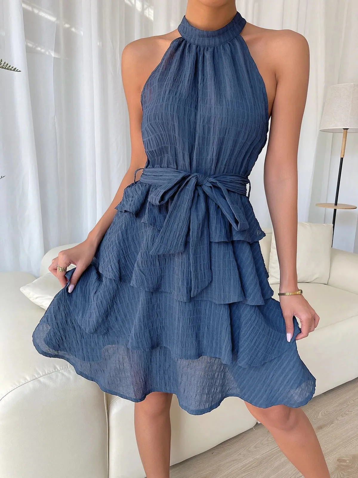 Sleeveless Halterneck Trendy Tie-Waist Ruffle Dress Wholesale Dresses