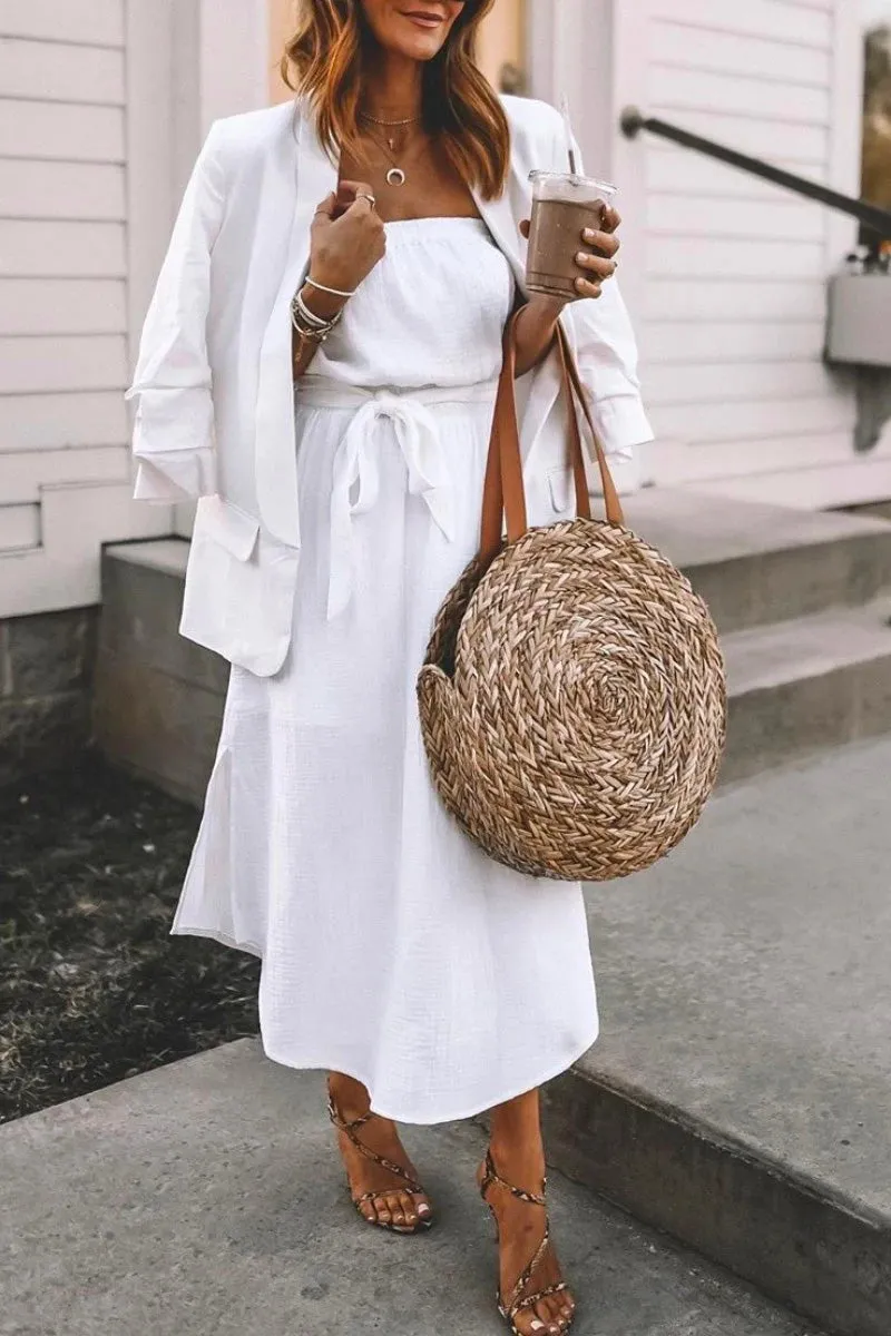 Striped Floral Print Trendy Patchwork White Maxi Dress