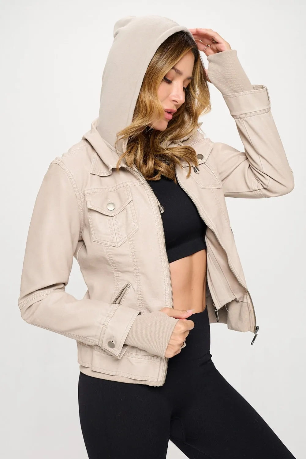 Suzanne Cream Double Zip Hooded Long Sleeve Faux Leather Jacket