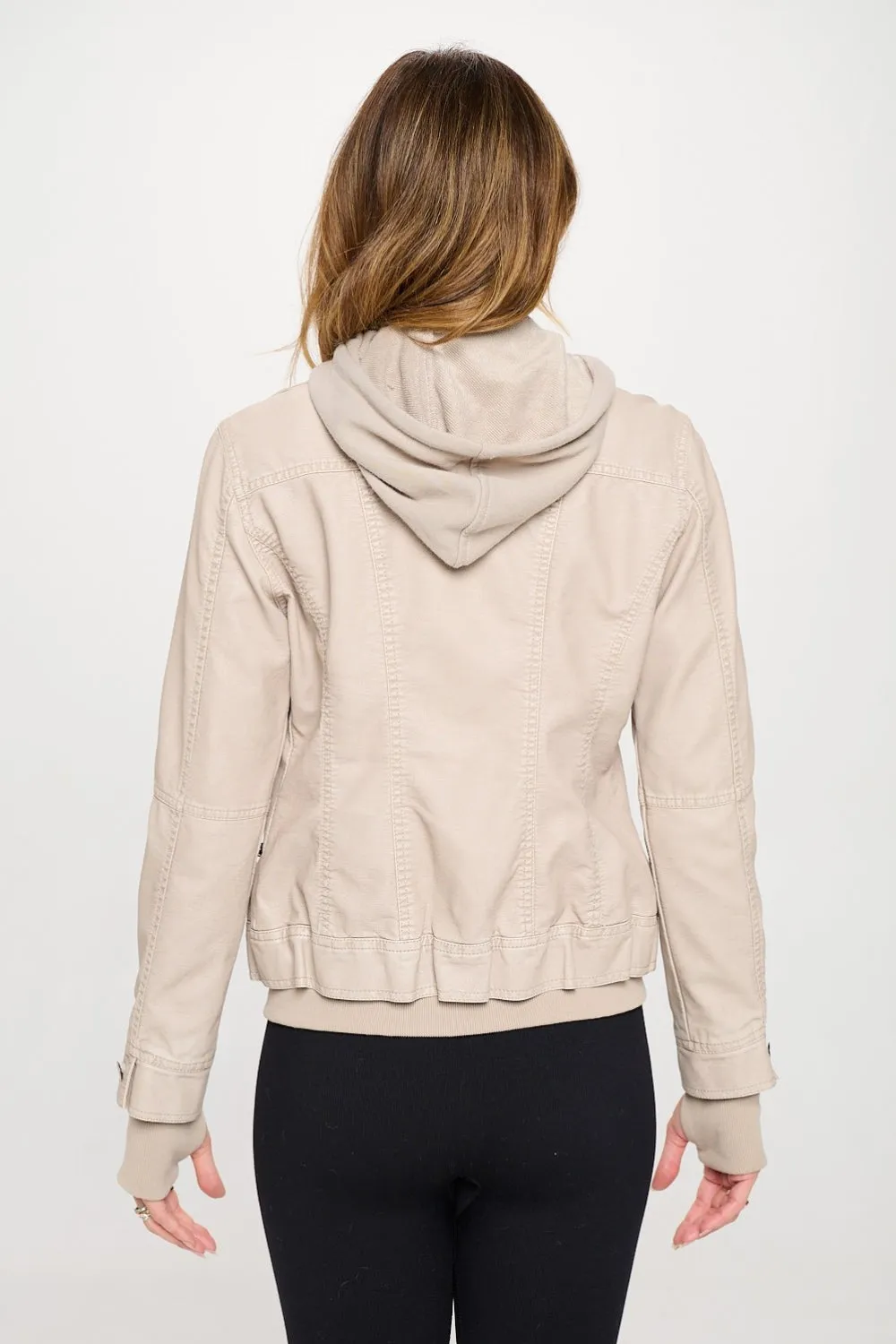 Suzanne Cream Double Zip Hooded Long Sleeve Faux Leather Jacket