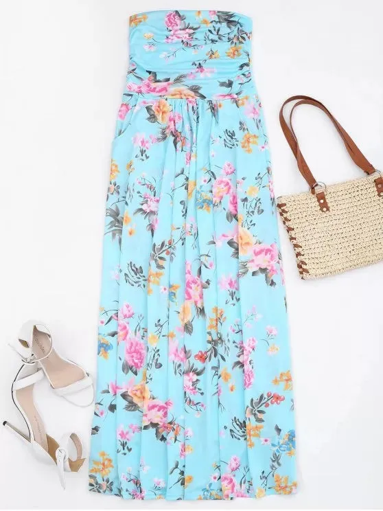 TastyHottie - Trendy Ruched Floral Maxi Tube Dress With Pocket