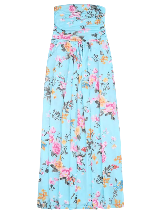 TastyHottie - Trendy Ruched Floral Maxi Tube Dress With Pocket