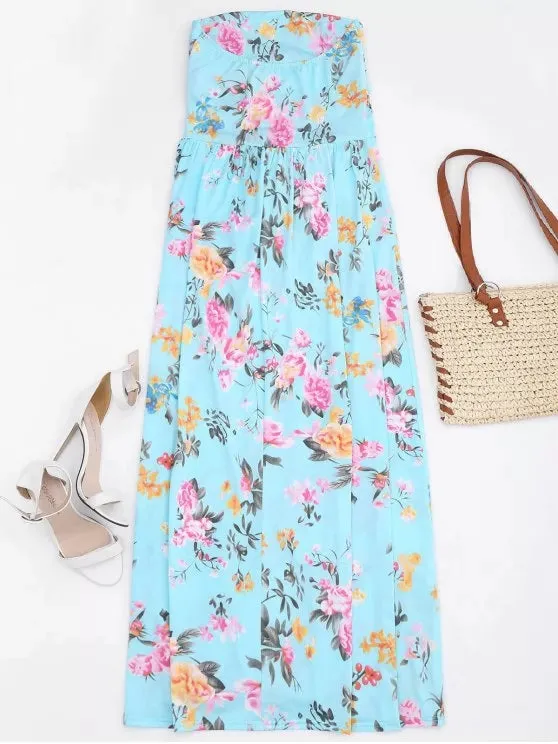 TastyHottie - Trendy Ruched Floral Maxi Tube Dress With Pocket