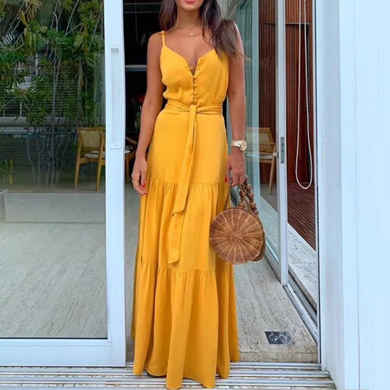 V Neck Button Trendy White Beach Dress