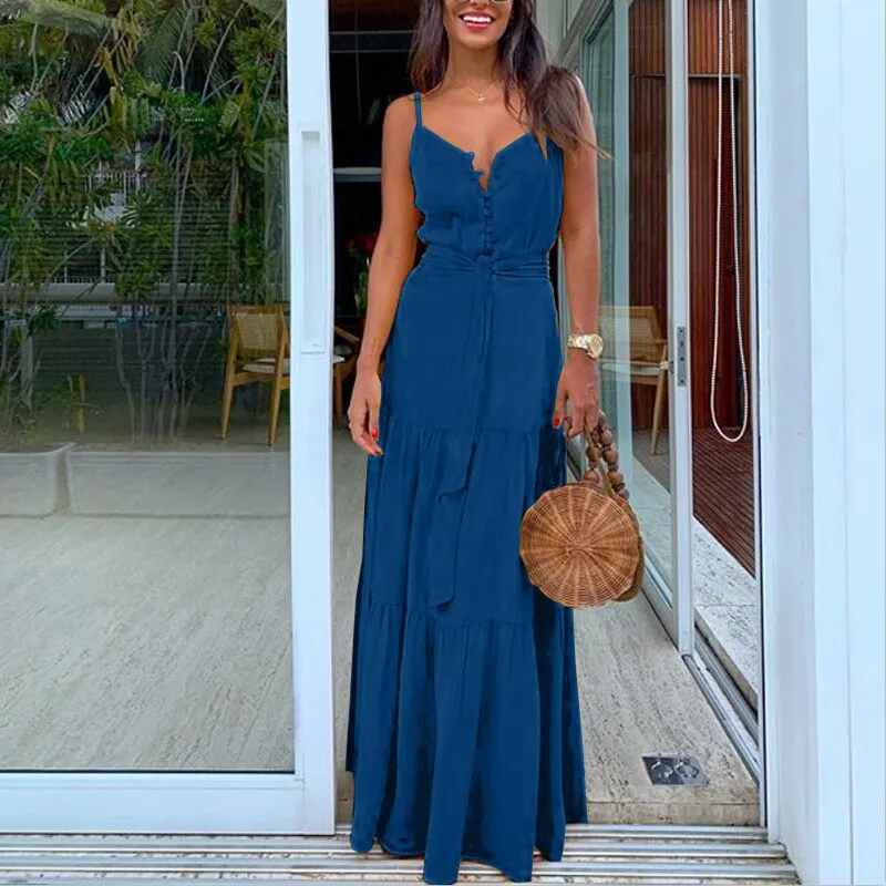 V Neck Button Trendy White Beach Dress