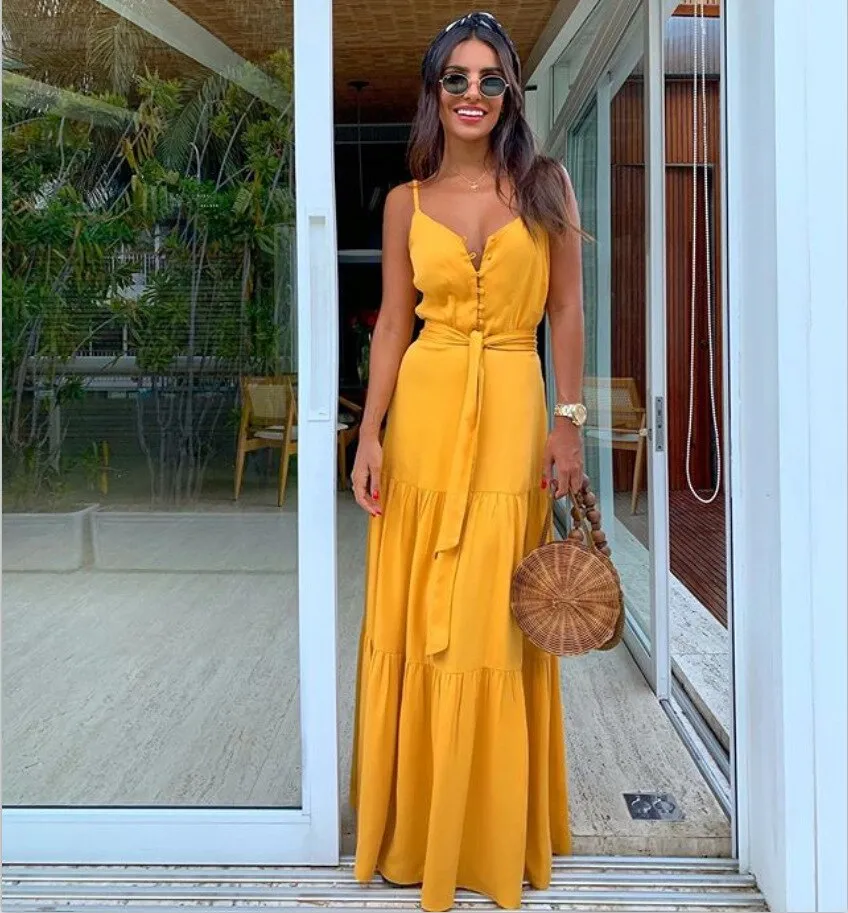 V Neck Button Trendy White Beach Dress