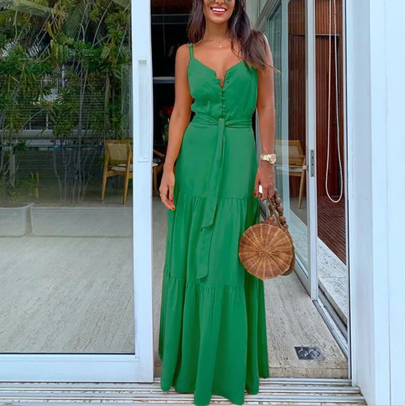 V Neck Button Trendy White Beach Dress