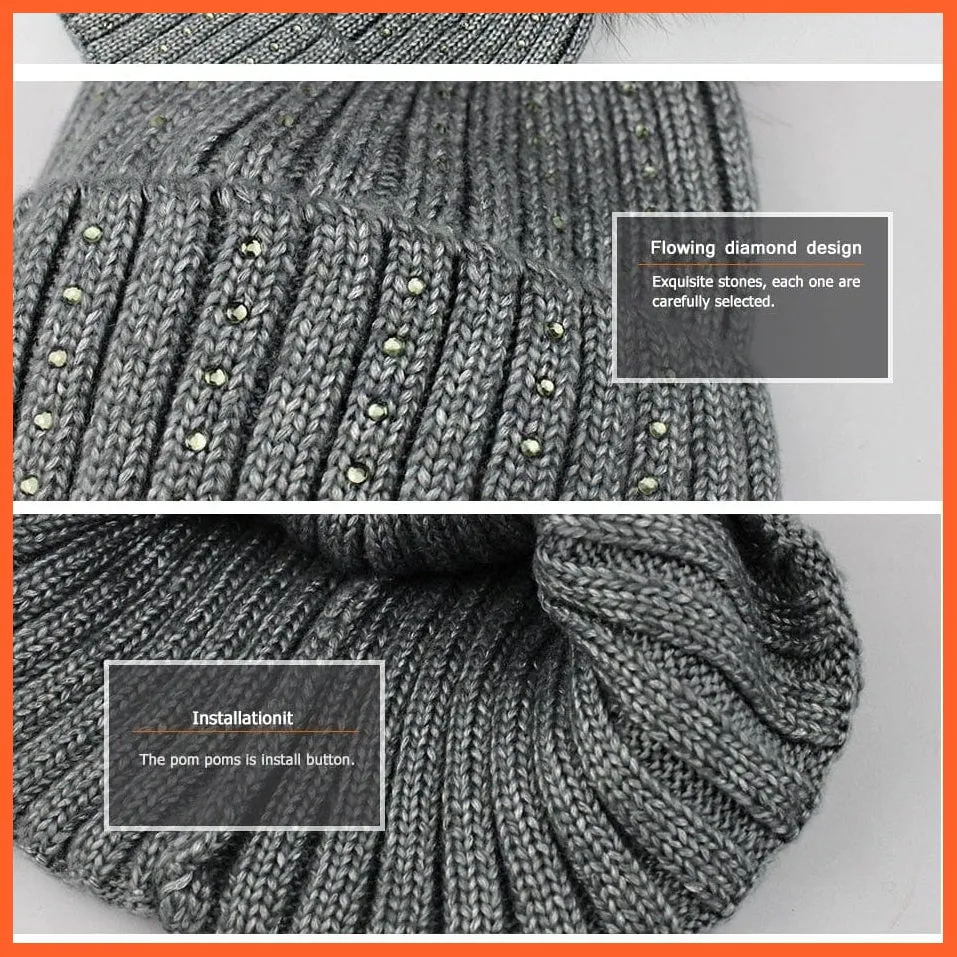 Winter Beanies Cap Girls Fur Pom Poms And Wool Knitted Rhinestone Hats | New Thick Skullies Beanie Hats For Women