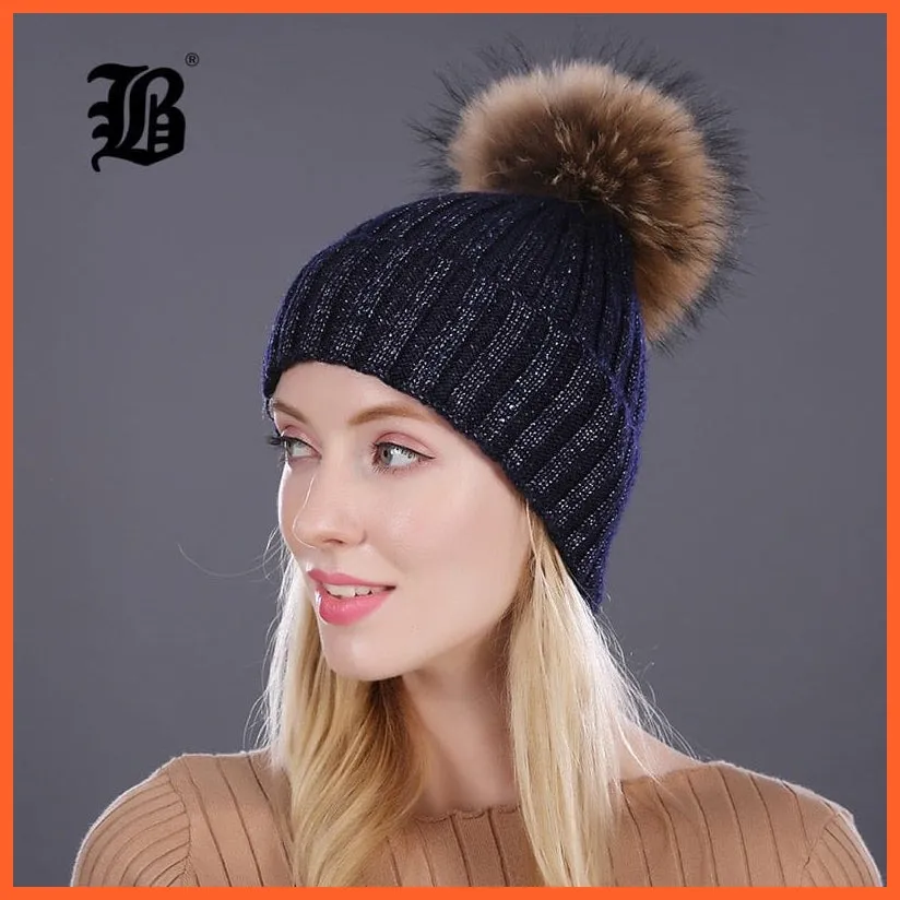 Winter Beanies Cap Girls Fur Pom Poms And Wool Knitted Rhinestone Hats | New Thick Skullies Beanie Hats For Women