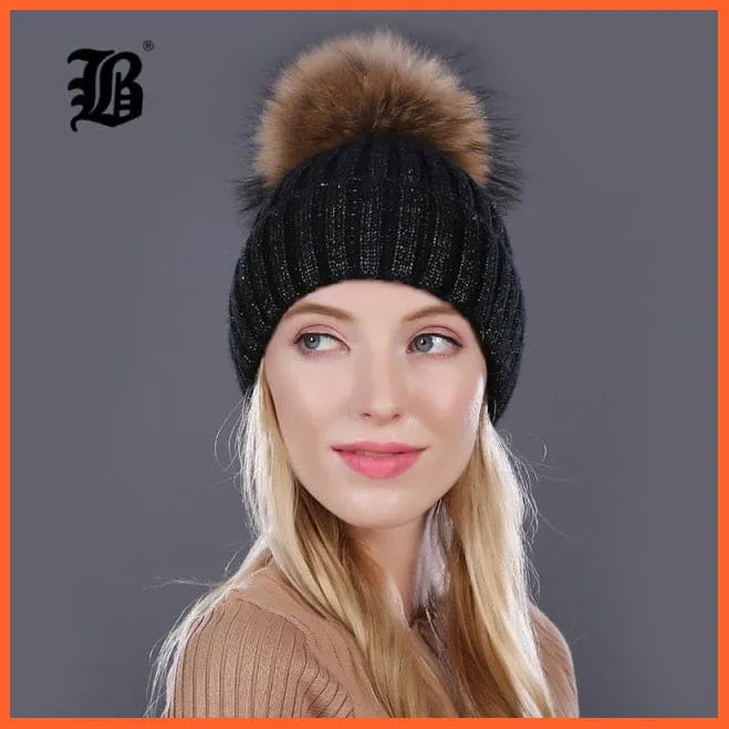 Winter Beanies Cap Girls Fur Pom Poms And Wool Knitted Rhinestone Hats | New Thick Skullies Beanie Hats For Women
