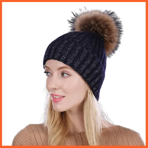 Winter Beanies Cap Girls Fur Pom Poms And Wool Knitted Rhinestone Hats | New Thick Skullies Beanie Hats For Women