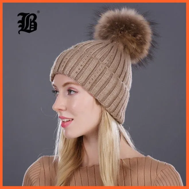 Winter Beanies Cap Girls Fur Pom Poms And Wool Knitted Rhinestone Hats | New Thick Skullies Beanie Hats For Women