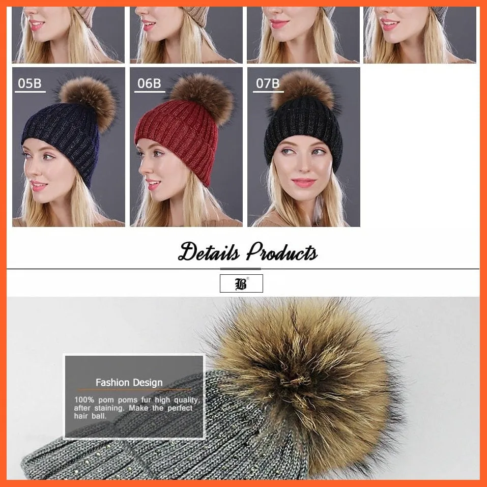 Winter Beanies Cap Girls Fur Pom Poms And Wool Knitted Rhinestone Hats | New Thick Skullies Beanie Hats For Women