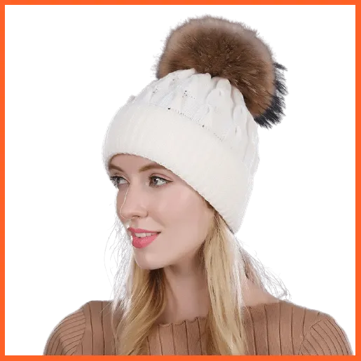 Winter Beanies Cap Girls Fur Pom Poms And Wool Knitted Rhinestone Hats | New Thick Skullies Beanie Hats For Women