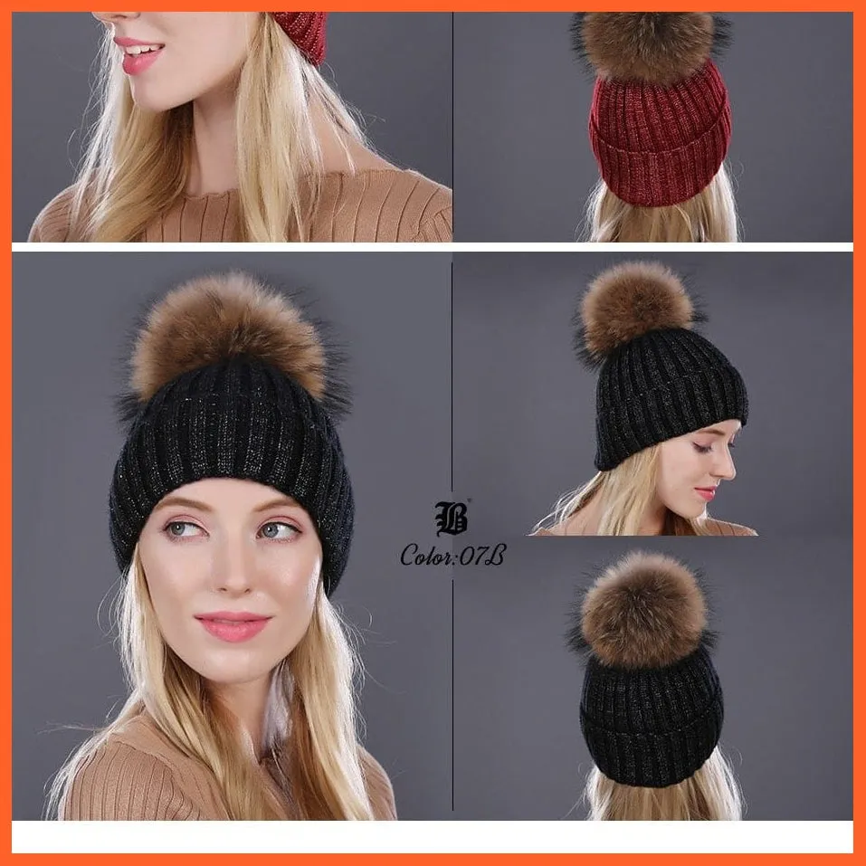 Winter Beanies Cap Girls Fur Pom Poms And Wool Knitted Rhinestone Hats | New Thick Skullies Beanie Hats For Women