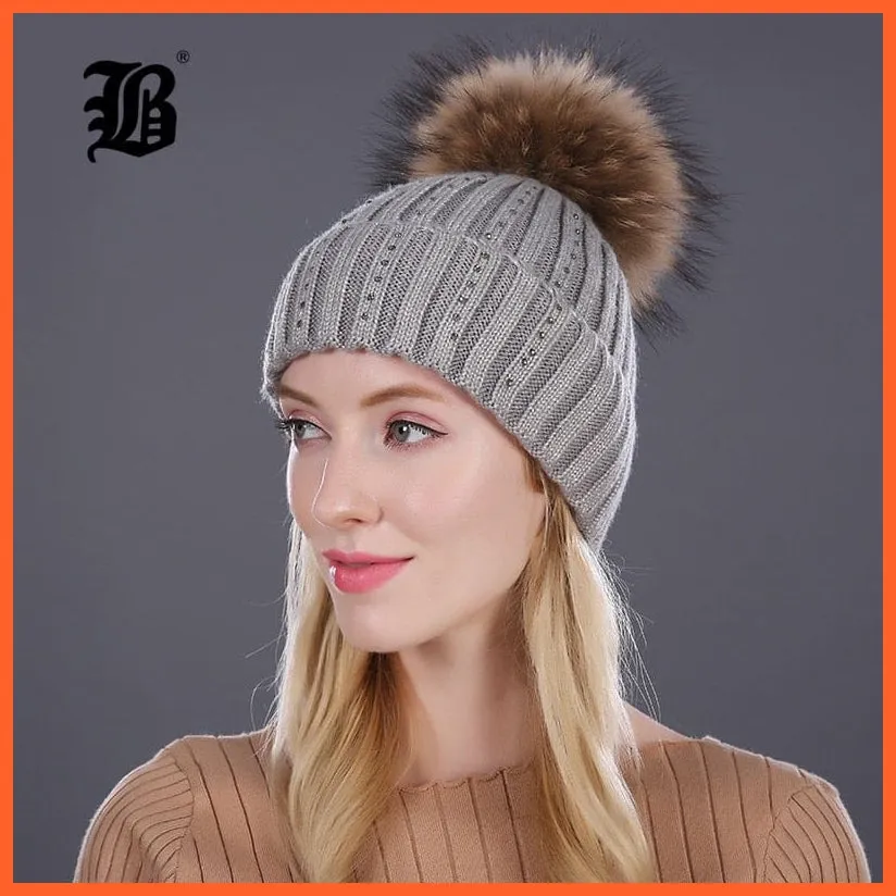 Winter Beanies Cap Girls Fur Pom Poms And Wool Knitted Rhinestone Hats | New Thick Skullies Beanie Hats For Women