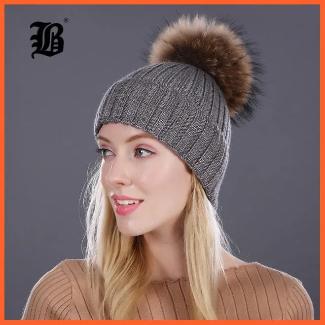 Winter Beanies Cap Girls Fur Pom Poms And Wool Knitted Rhinestone Hats | New Thick Skullies Beanie Hats For Women