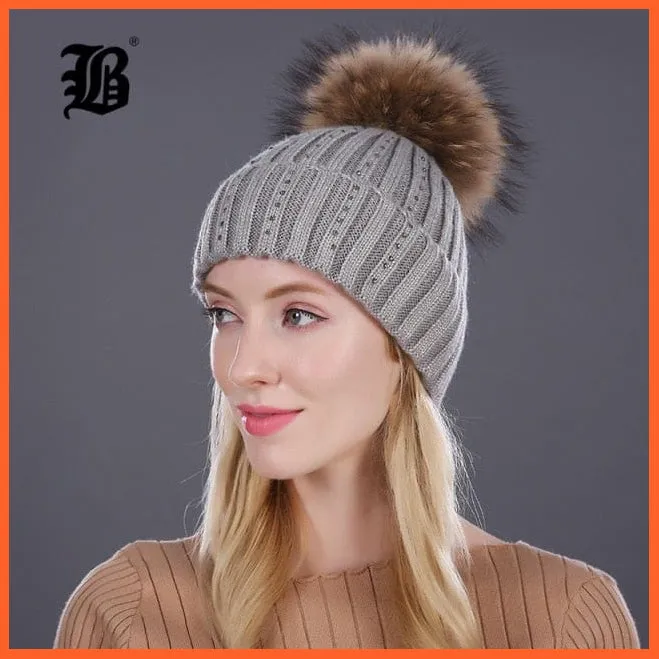 Winter Beanies Cap Girls Fur Pom Poms And Wool Knitted Rhinestone Hats | New Thick Skullies Beanie Hats For Women