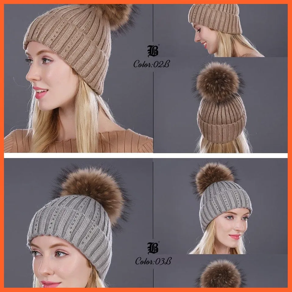 Winter Beanies Cap Girls Fur Pom Poms And Wool Knitted Rhinestone Hats | New Thick Skullies Beanie Hats For Women