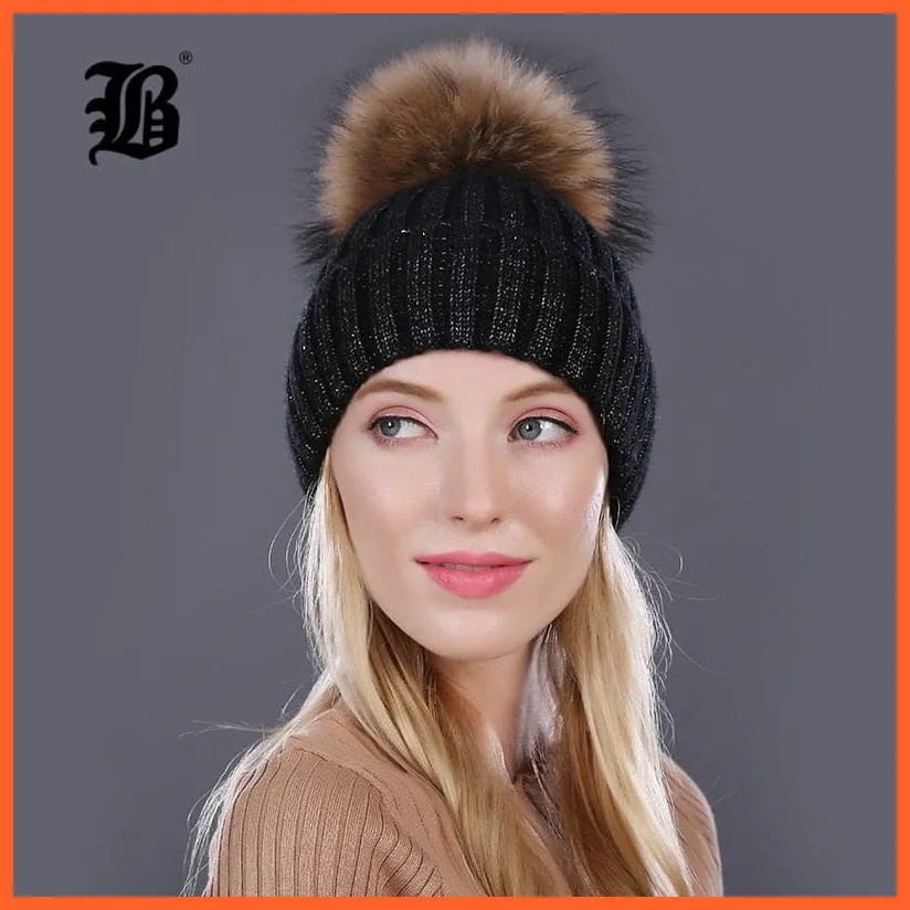 Winter Beanies Cap Girls Fur Pom Poms And Wool Knitted Rhinestone Hats | New Thick Skullies Beanie Hats For Women