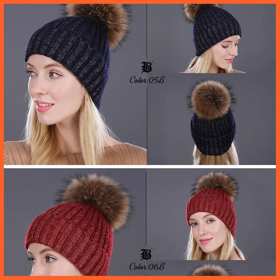 Winter Beanies Cap Girls Fur Pom Poms And Wool Knitted Rhinestone Hats | New Thick Skullies Beanie Hats For Women