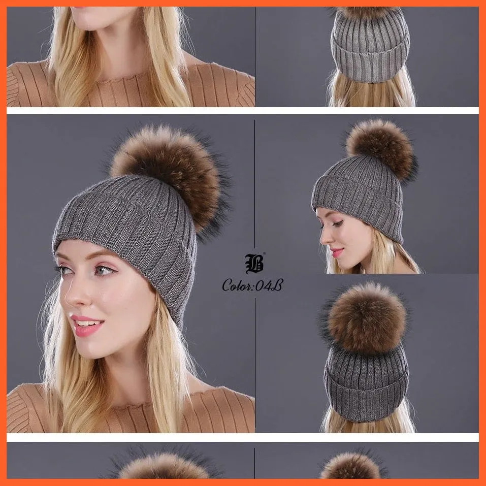 Winter Beanies Cap Girls Fur Pom Poms And Wool Knitted Rhinestone Hats | New Thick Skullies Beanie Hats For Women