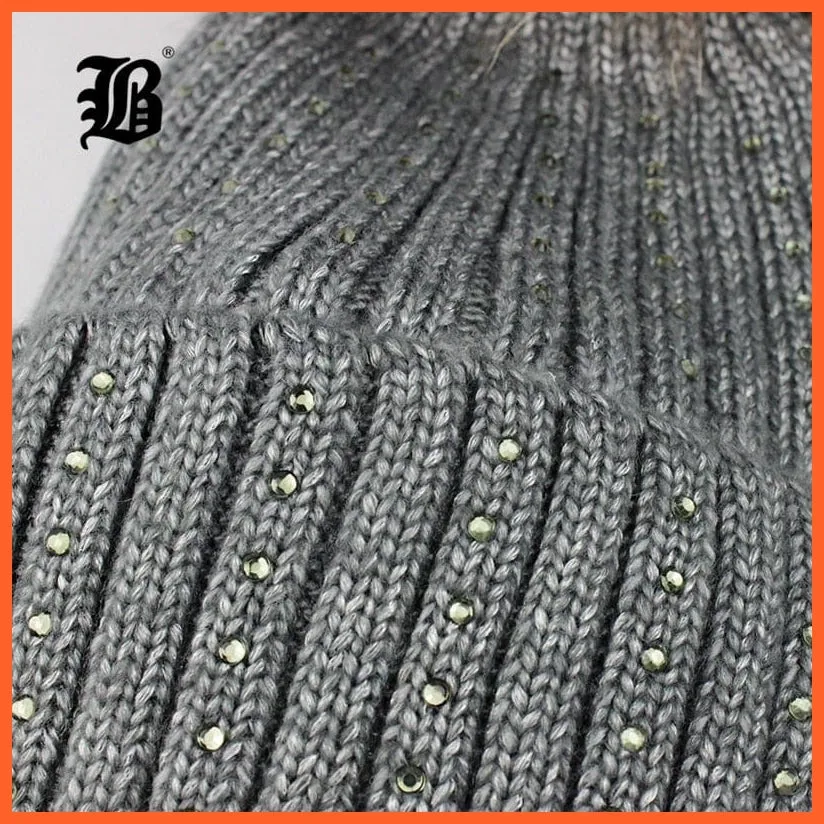 Winter Beanies Cap Girls Fur Pom Poms And Wool Knitted Rhinestone Hats | New Thick Skullies Beanie Hats For Women