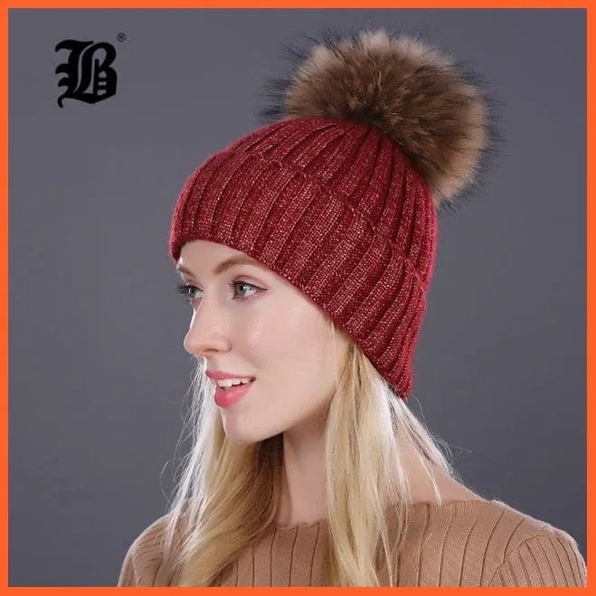 Winter Beanies Cap Girls Fur Pom Poms And Wool Knitted Rhinestone Hats | New Thick Skullies Beanie Hats For Women