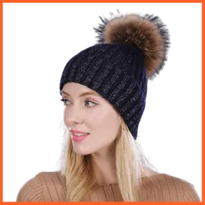 Winter Beanies Cap Girls Fur Pom Poms And Wool Knitted Rhinestone Hats | New Thick Skullies Beanie Hats For Women