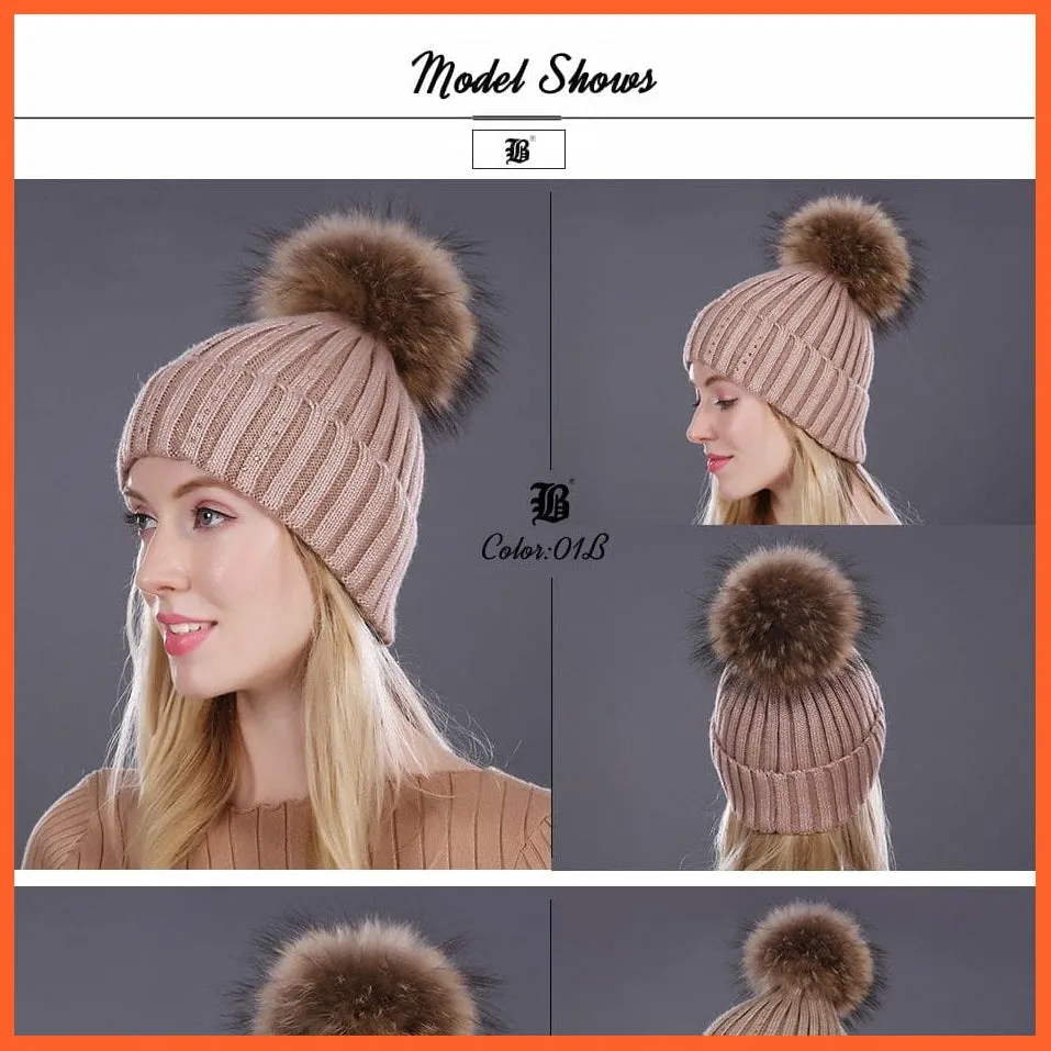 Winter Beanies Cap Girls Fur Pom Poms And Wool Knitted Rhinestone Hats | New Thick Skullies Beanie Hats For Women