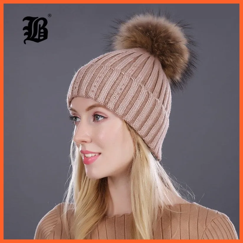 Winter Beanies Cap Girls Fur Pom Poms And Wool Knitted Rhinestone Hats | New Thick Skullies Beanie Hats For Women