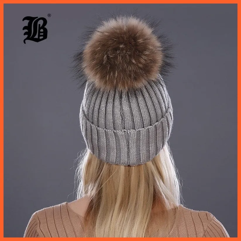 Winter Beanies Cap Girls Fur Pom Poms And Wool Knitted Rhinestone Hats | New Thick Skullies Beanie Hats For Women