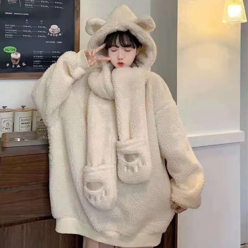 xakxx Black Friday Women Lamb Wool Two Piece Hoodies Kawaii Bear Ear Cap Faux Fur Loose Ladies Pullovers Warm Plush Thick Sweatshirts Top