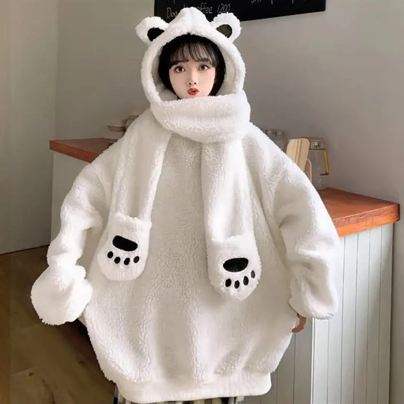 xakxx Black Friday Women Lamb Wool Two Piece Hoodies Kawaii Bear Ear Cap Faux Fur Loose Ladies Pullovers Warm Plush Thick Sweatshirts Top